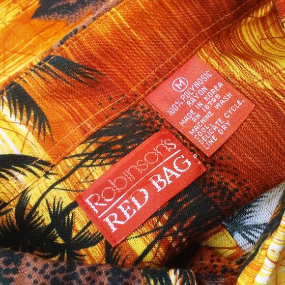 Vintage 80s Robinsons Red Bag Aloha Shirt -M Pocket SSL Vents Tropical Palm Tiki - Picture 9 of 11